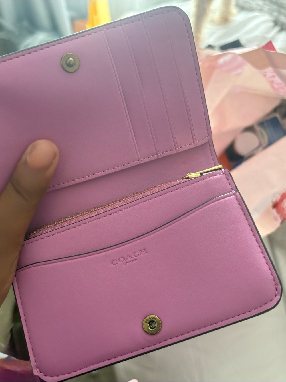 Coach Lilac Leather Compact Wallet with Gold-Tone Hardware